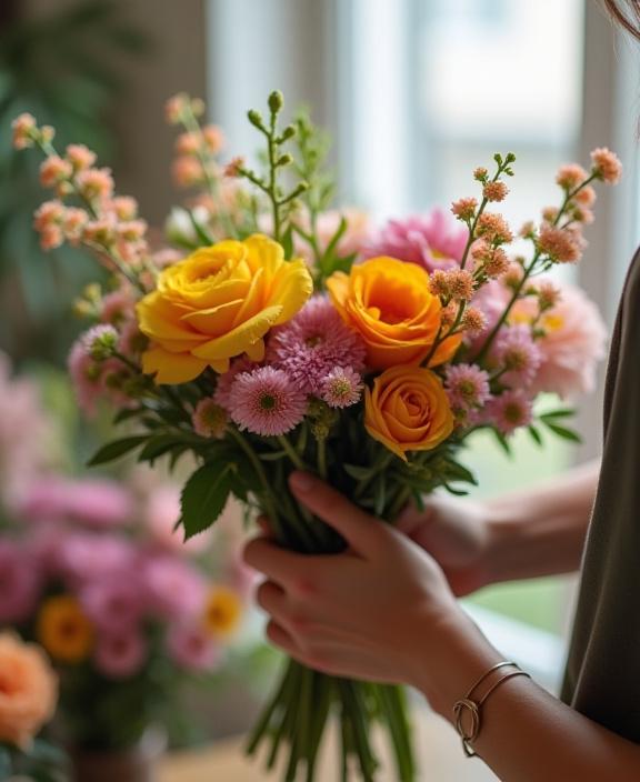 Mani esperte di un fiorista che compongono un bouquet con fiori freschi.