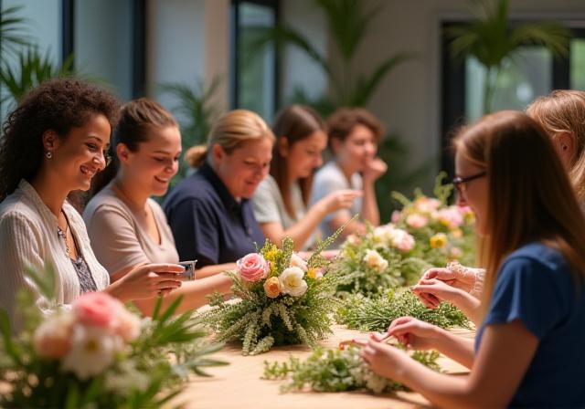 Persone sorridenti che partecipano a un laboratorio di composizione floreale.